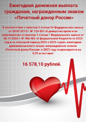 Ежегодная денежная выплата гражданам, награжденным знаком "Почетный донор России"